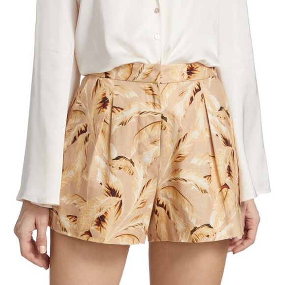 L'AGENCE Pants - L’Agence Vittoria Beige Leaf-Print High-Waisted Linen Shorts Size 16
